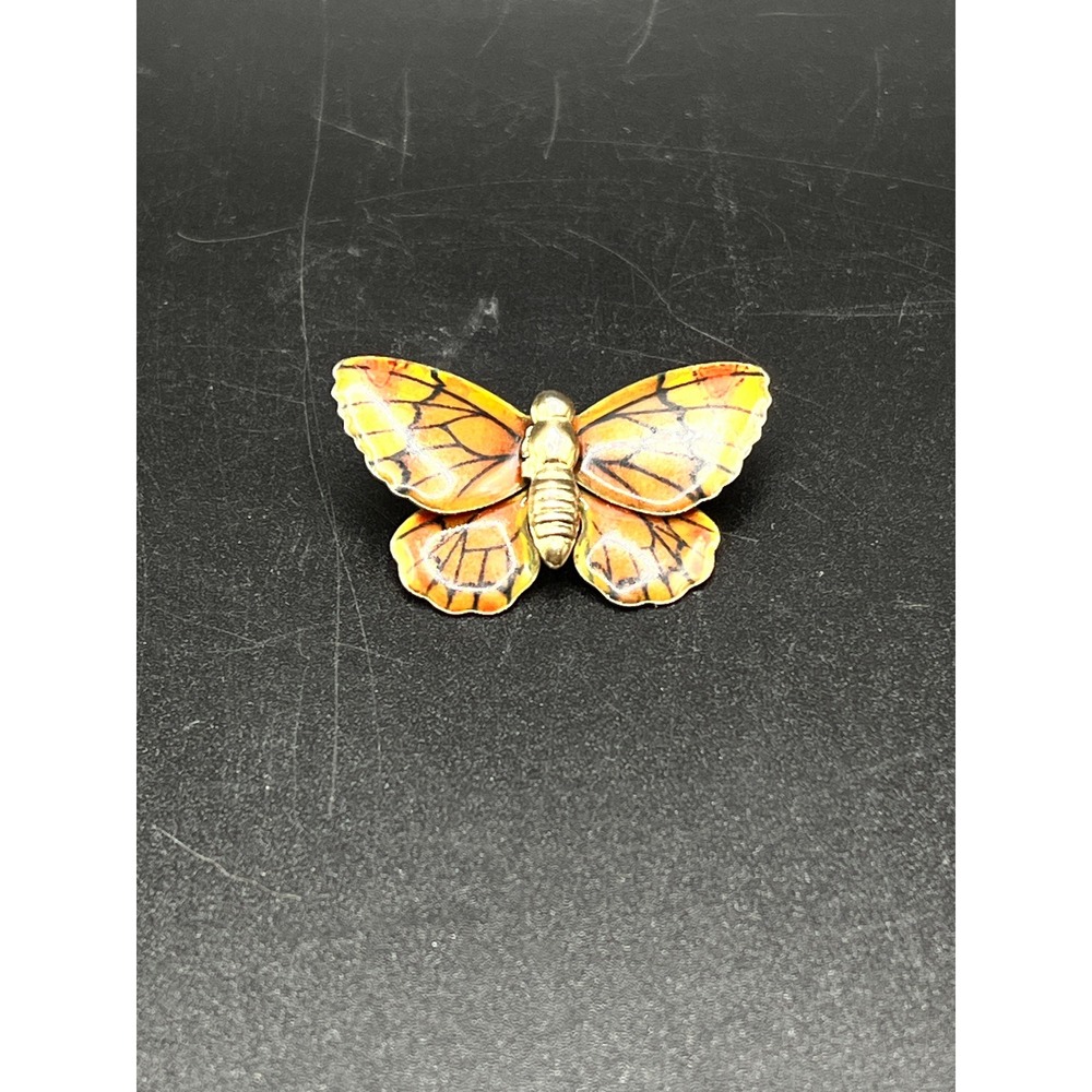 Gold Tone Enamel Butterfly Moth Brooch Pin Orange Yellow Insect Women 1.5" Vtg